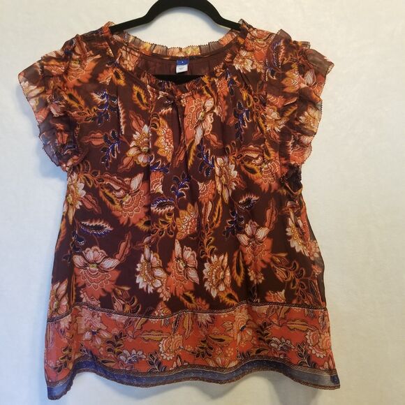 Old Navy L Top Chiffon Sheer Lined Flutter Sleeves Burgundy Dark Floral Autumn - Picture 1 of 9